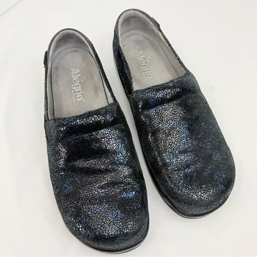 Alegria KELI Devine Black Leather Blue Iridescent Mosiac Slip On Support Shoes